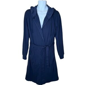 Dude Robe Men’s Bathrobe S/M Hooded Belted Pockets Loungewear Blue